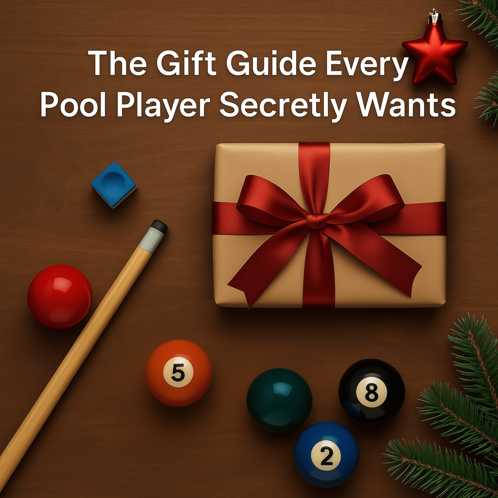 Billiards balls, chalk, cue stick, and a wrapped gift