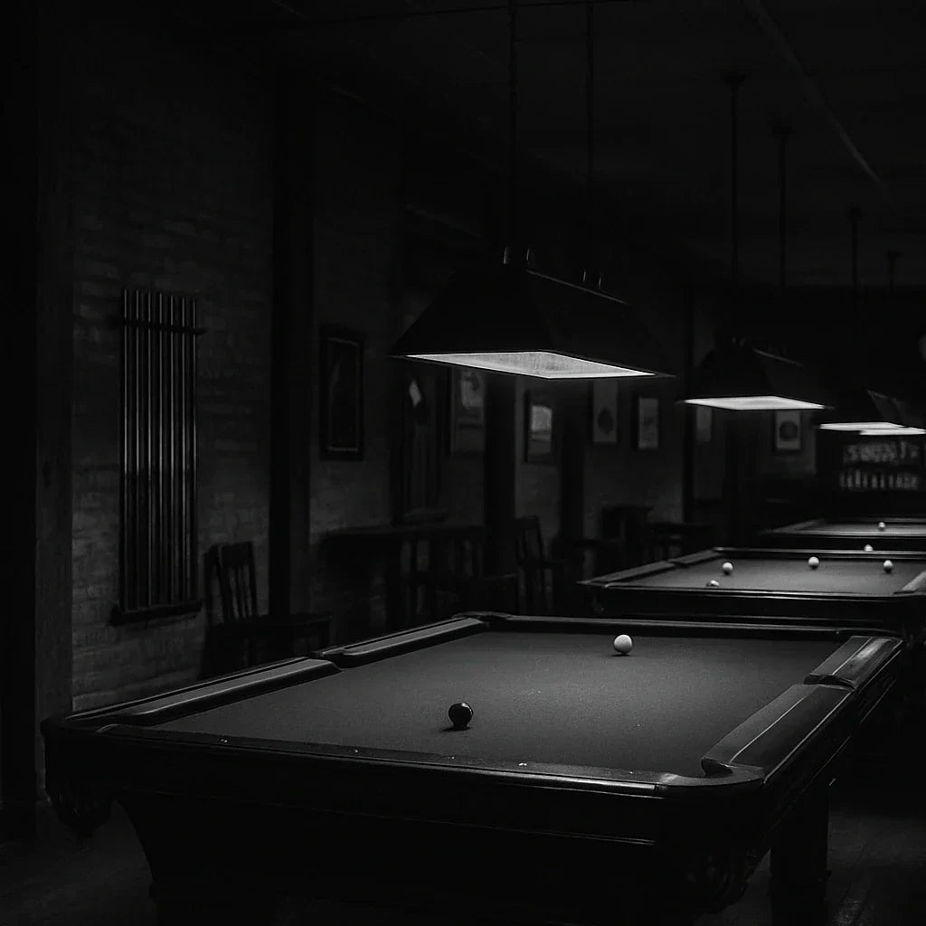 Black and white photo of a pool hall