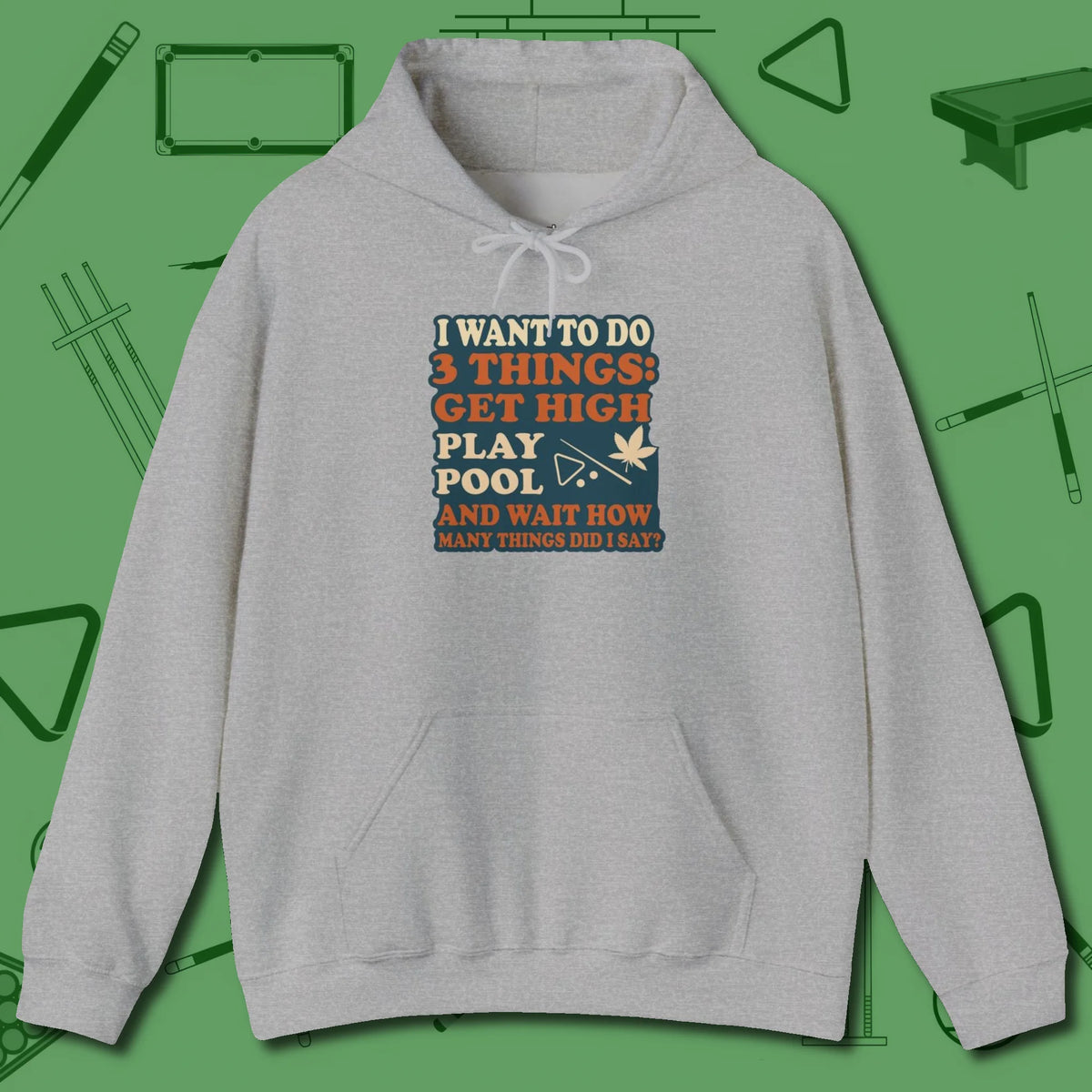 3 Things Hoodie, front view, in Sport Grey play in style, win in silence
