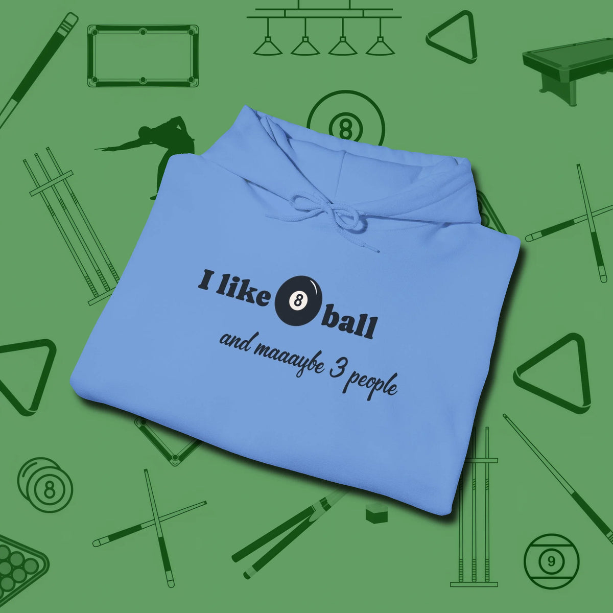 8 Ball and 3 People Hoodie, folded view, in Carolina Blue smart apparel for strategic players