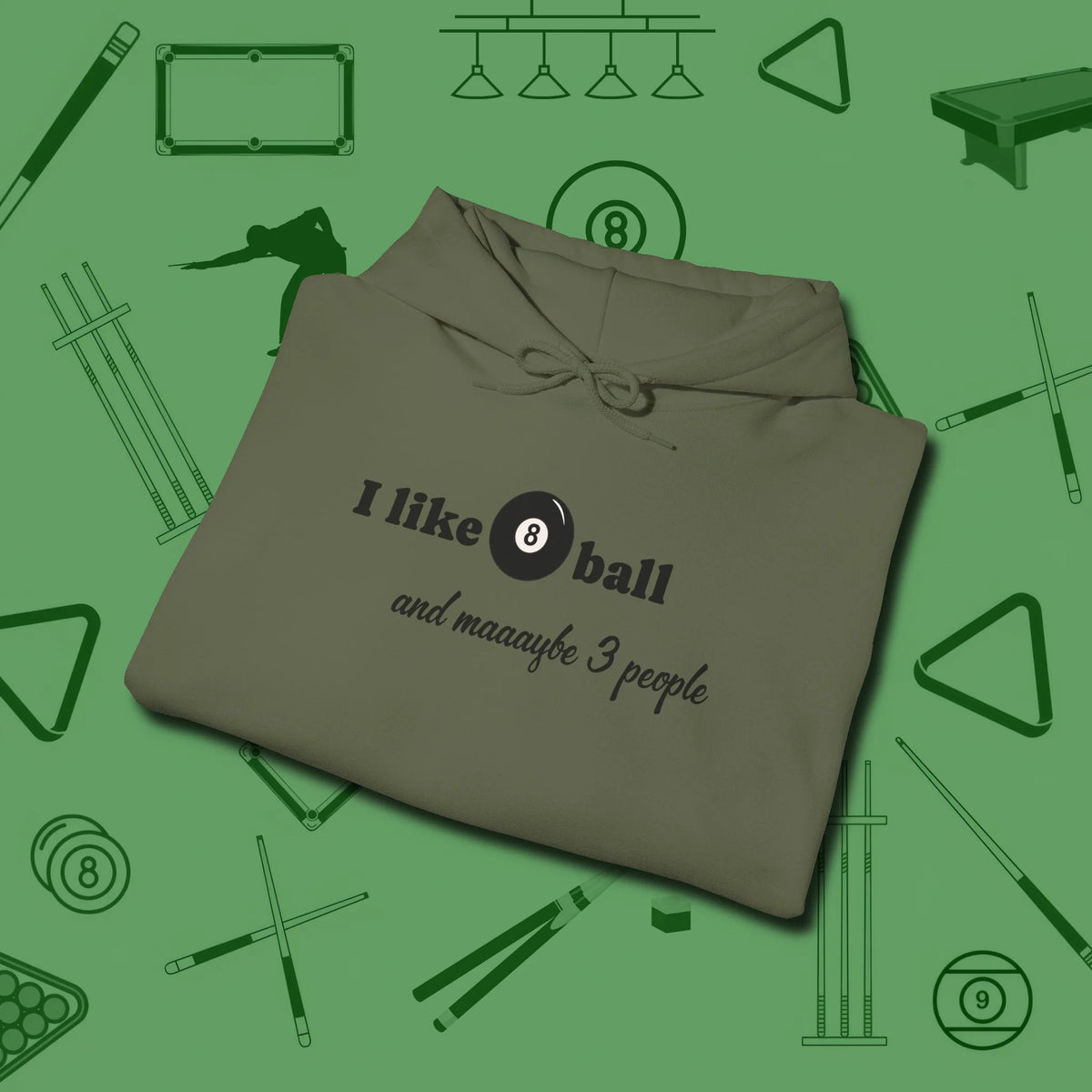 8 Ball and 3 People Hoodie, folded view, in Military Green clean lines for dirty minds