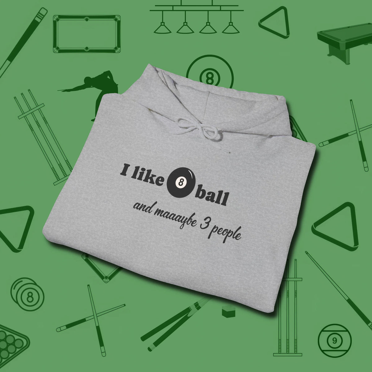 8 Ball and 3 People Hoodie, folded view, in Sport Grey the shirt that plays position