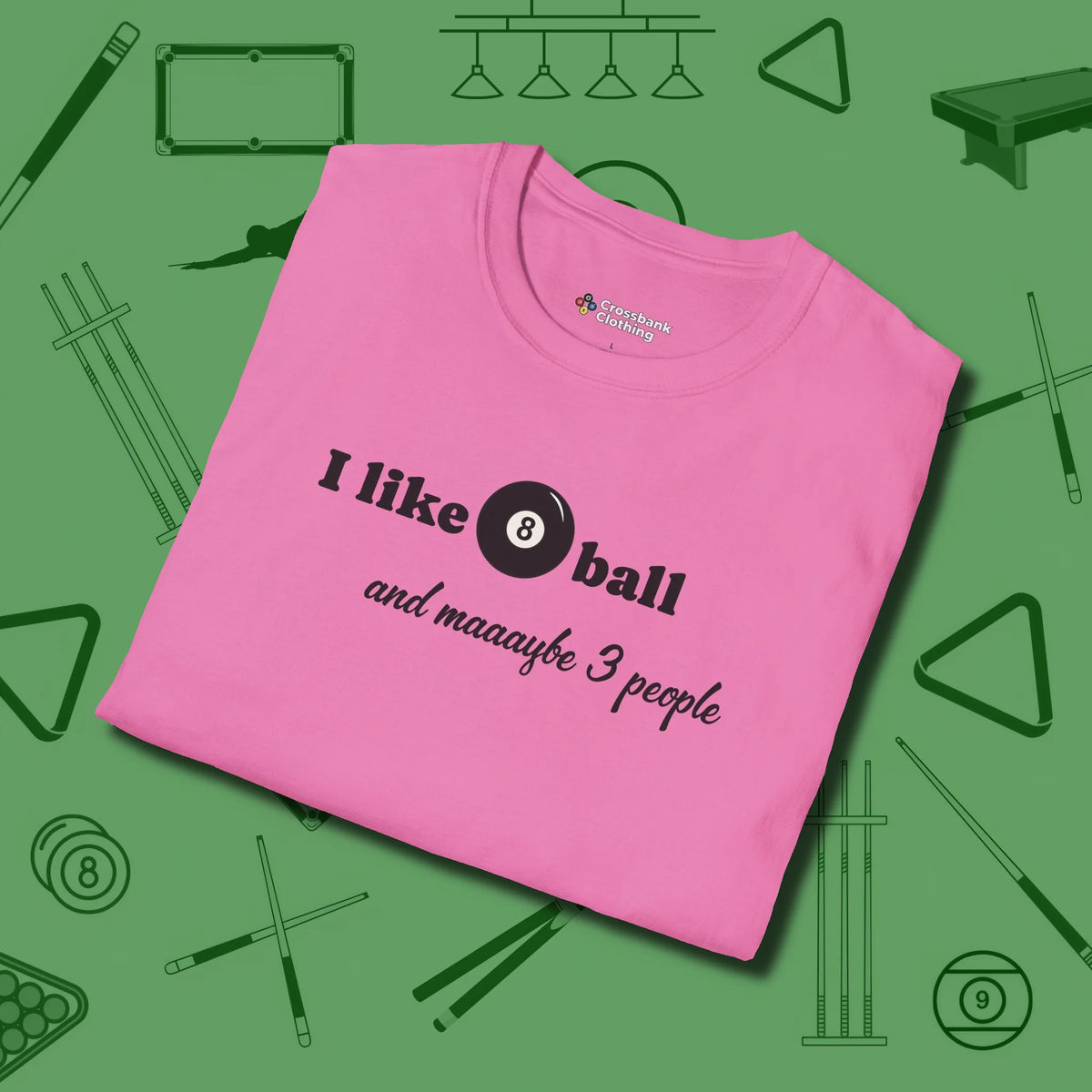 8 Ball and 3 People T-Shirt, folded view, in Azalea precise, confident, always in control