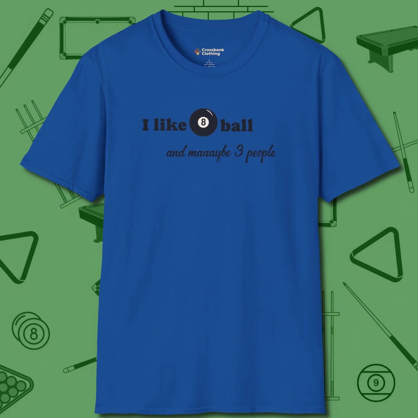 8 Ball and 3 People T-Shirt, front view, in Royal fashion with break-and-run energy