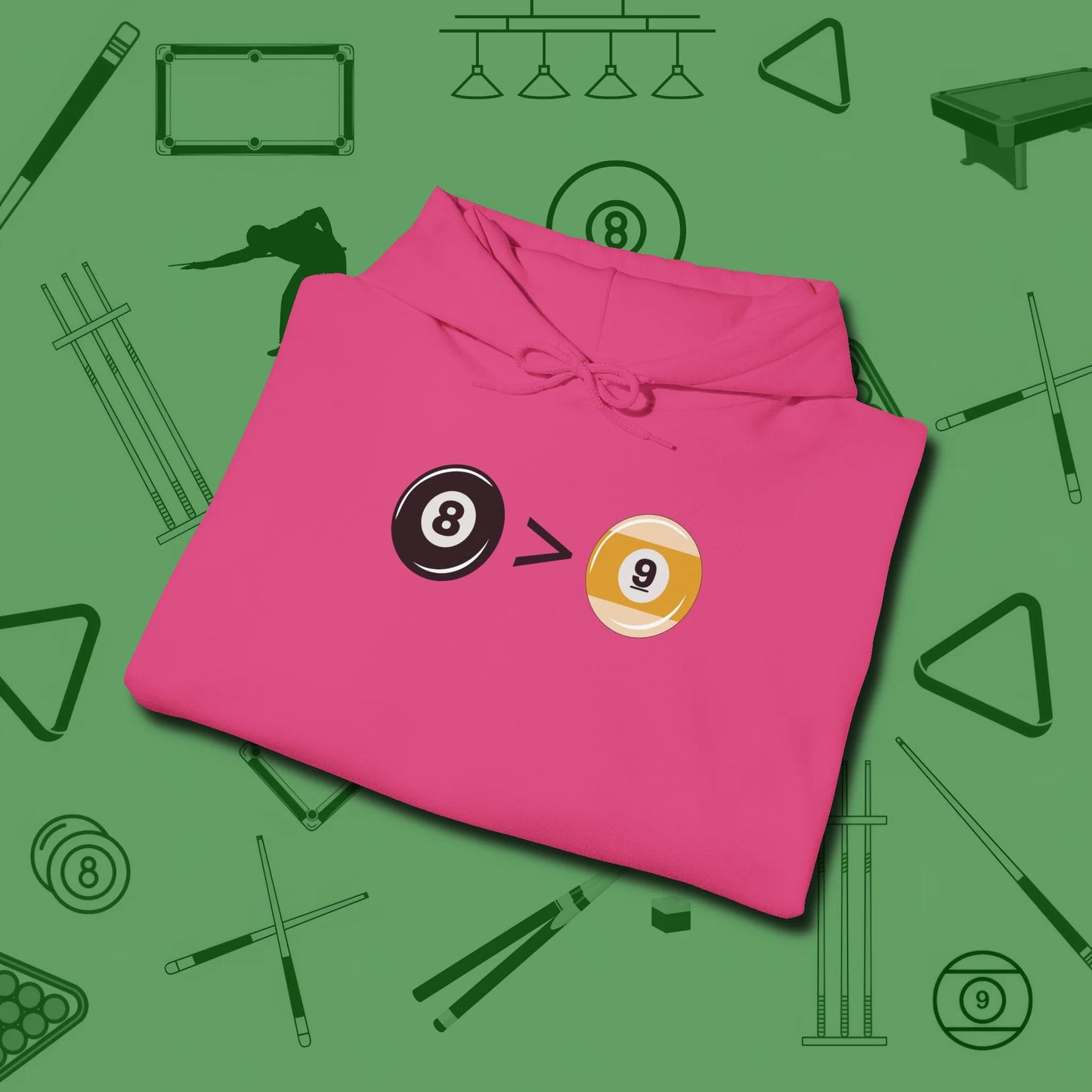 8 Ball Beats 9 Ball Hoodie, folded view, in Heliconia your secret weapon off the table
