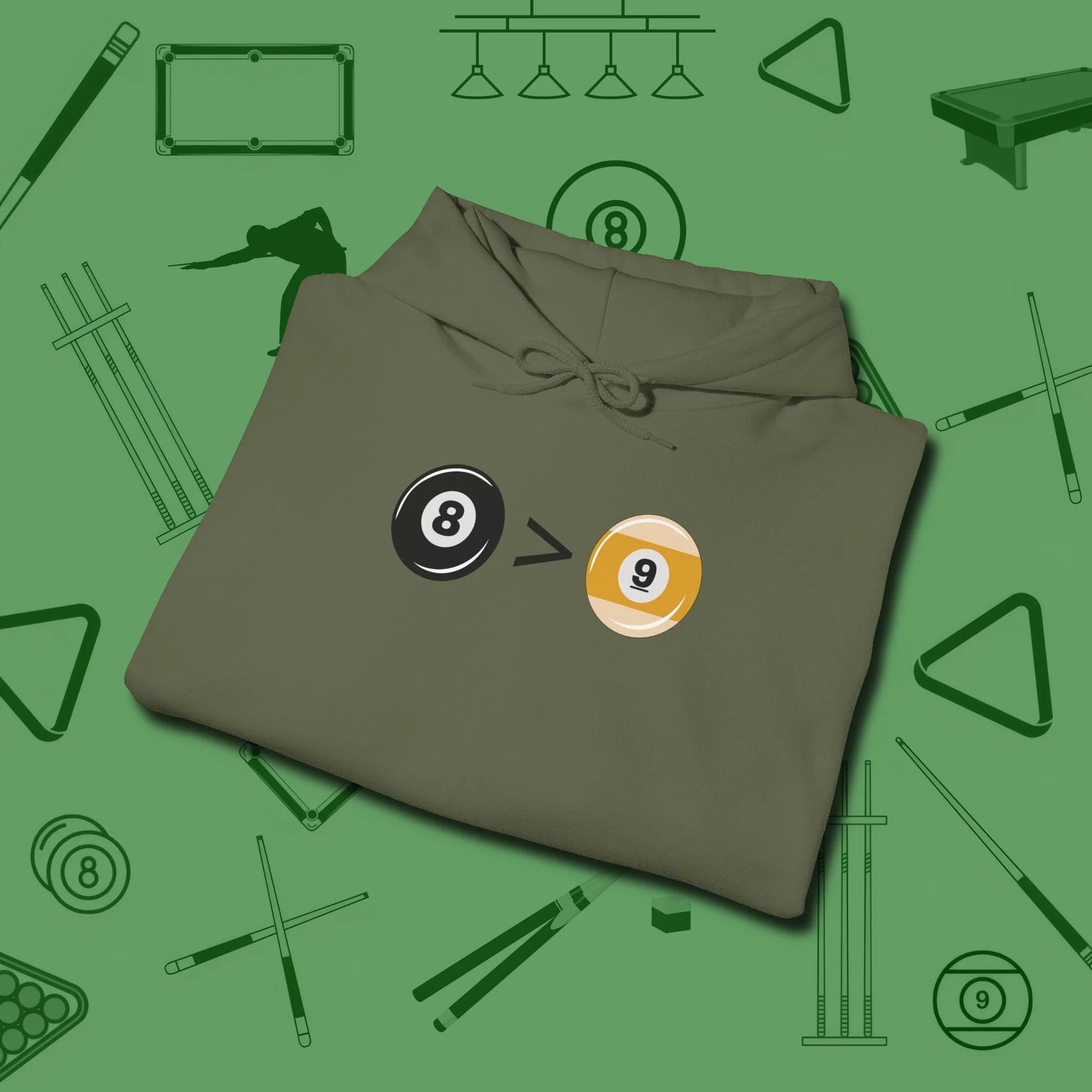 8 Ball Beats 9 Ball Hoodie, folded view, in Military Green a clean fit for the dirtiest safeties