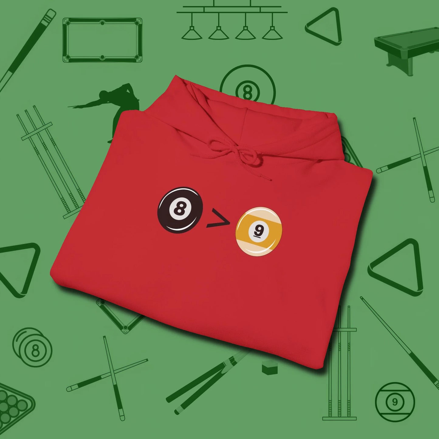8 Ball Beats 9 Ball Hoodie, folded view, in Red make every shot — and outfit — count