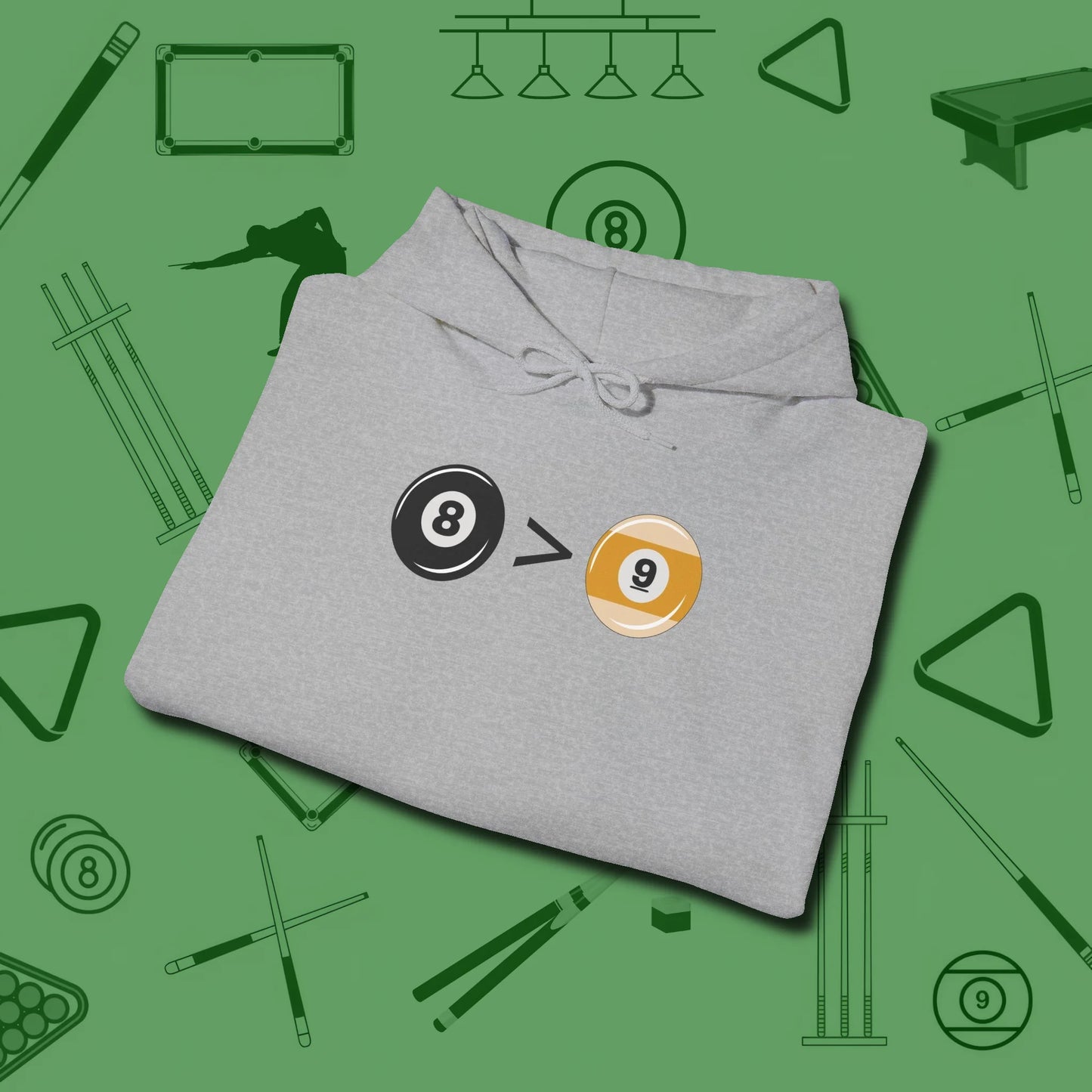8 Ball Beats 9 Ball Hoodie, folded view, in Sport Grey what champions wear between racks