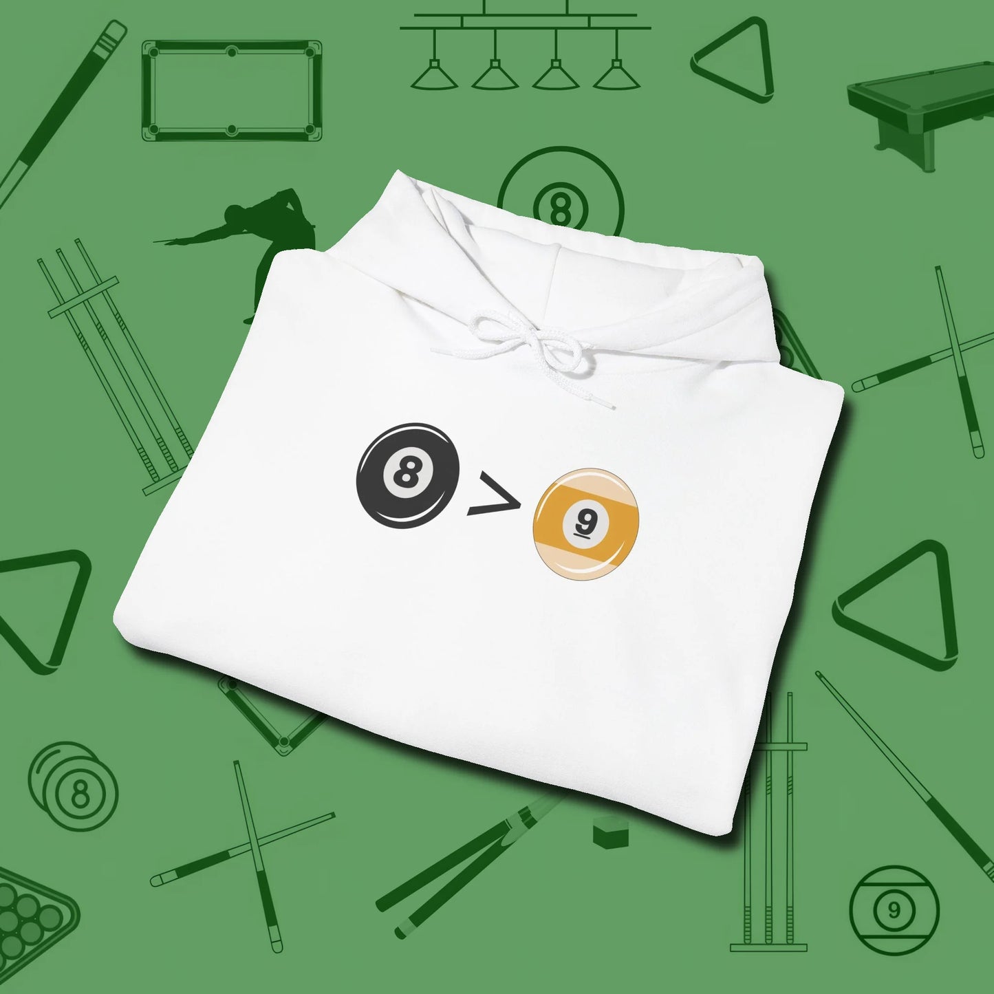 8 Ball Beats 9 Ball Hoodie, folded view, in White the shirt that plays position