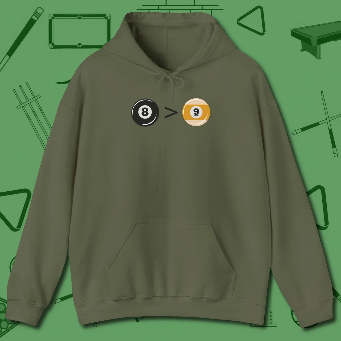 8 Ball Beats 9 Ball Hoodie, front view, in Military Green fashion with break-and-run energy