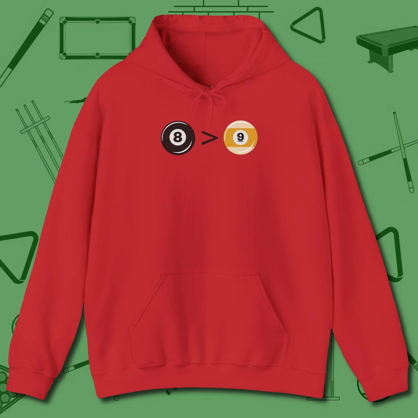 8 Ball Beats 9 Ball Hoodie, front view, in Red for hustlers who keep it honest