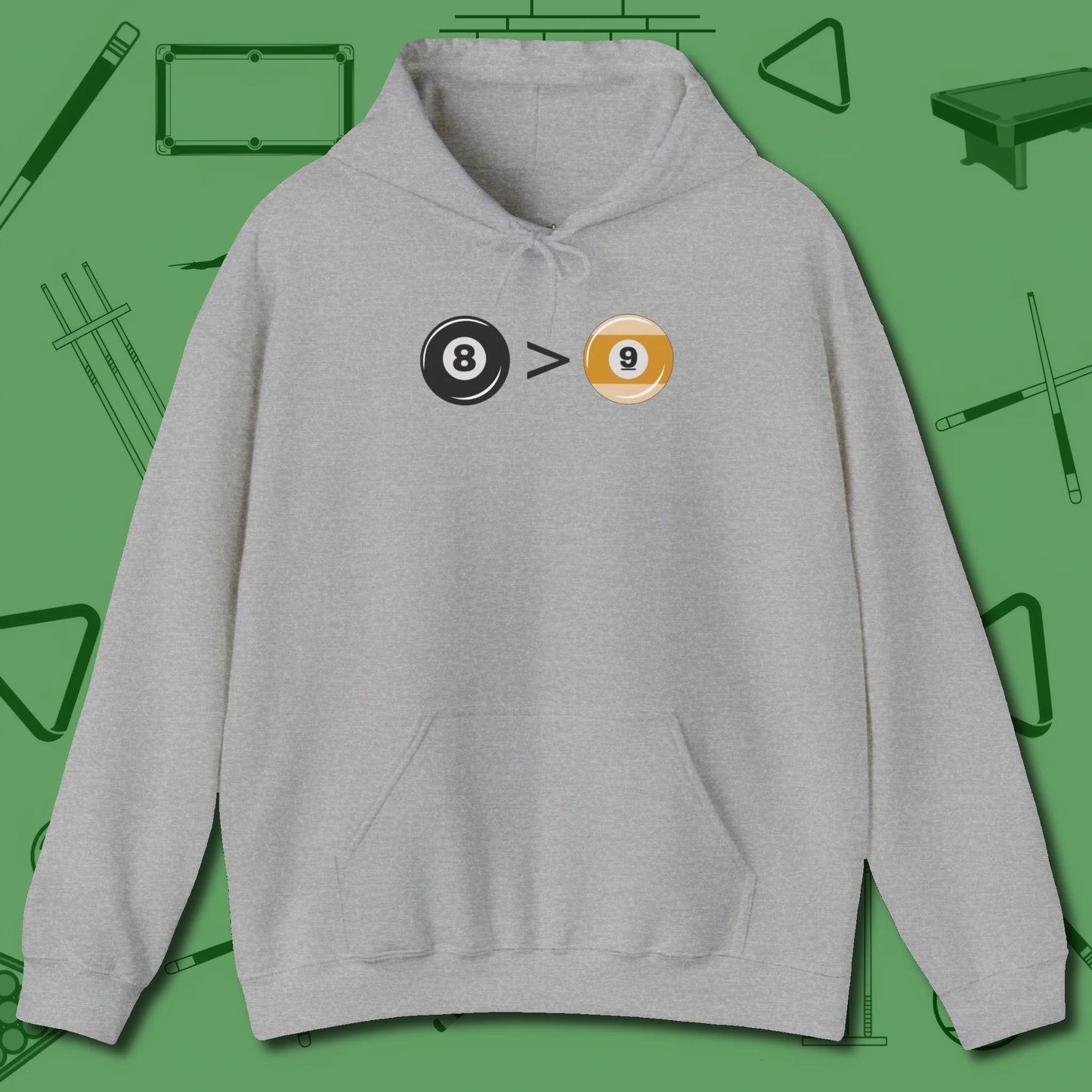 8 Ball Beats 9 Ball Hoodie, front view, in Sport Grey look good while calling your pocket