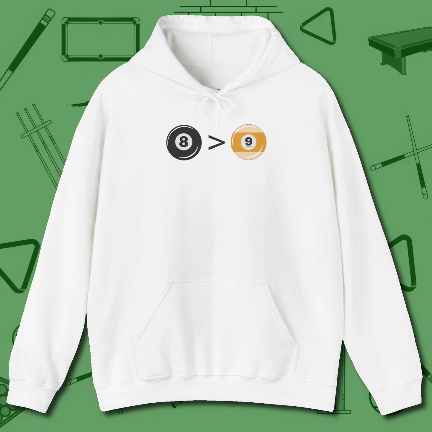 8 Ball Beats 9 Ball Hoodie, front view, in White play in style, win in silence