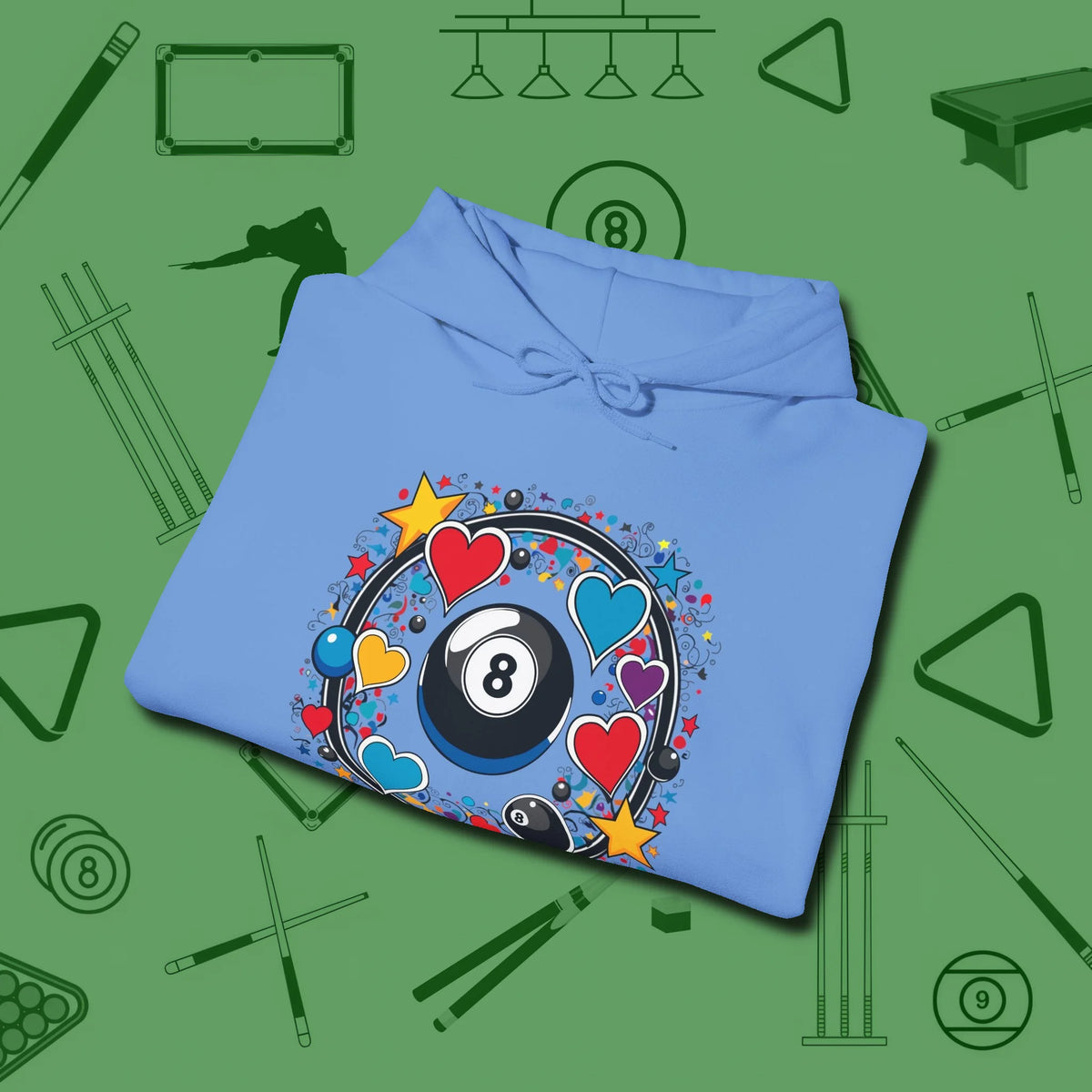 8 Ball Hearts and Stars Hoodie, folded view, in Carolina Blue subtle drip for serious shooters