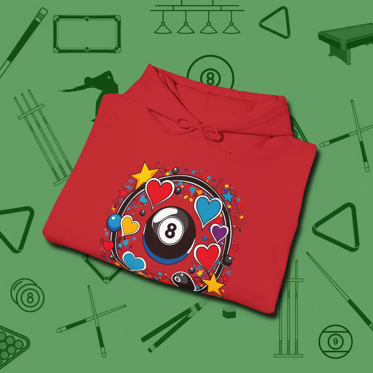 8 Ball Hearts and Stars Hoodie, folded view, in Red fashion with break-and-run energy
