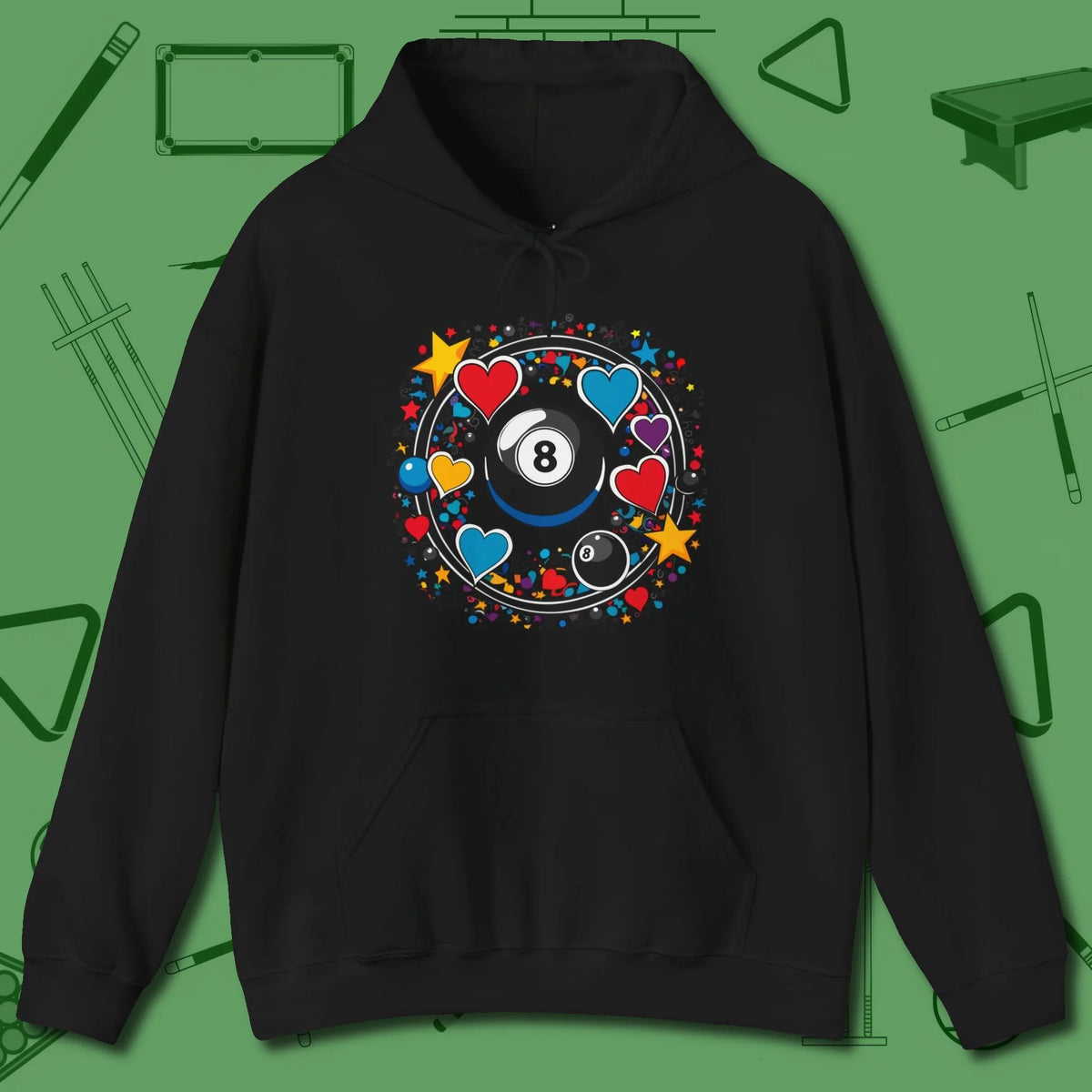 8 Ball Hearts and Stars Hoodie, front view, in Black classic cue style, no gimmicks