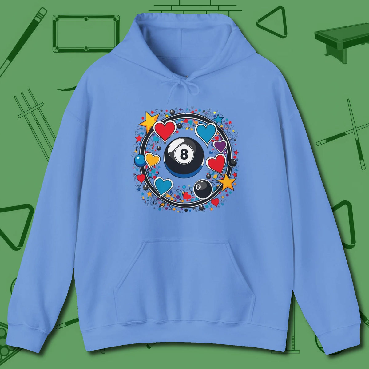 8 Ball Hearts and Stars Hoodie, front view, in Carolina Blue cool under pressure, hot on the eyes
