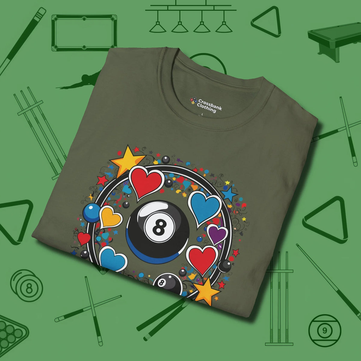 8 Ball Hearts and Stars T-Shirt, folded view, in Military Green precise, confident, always in control