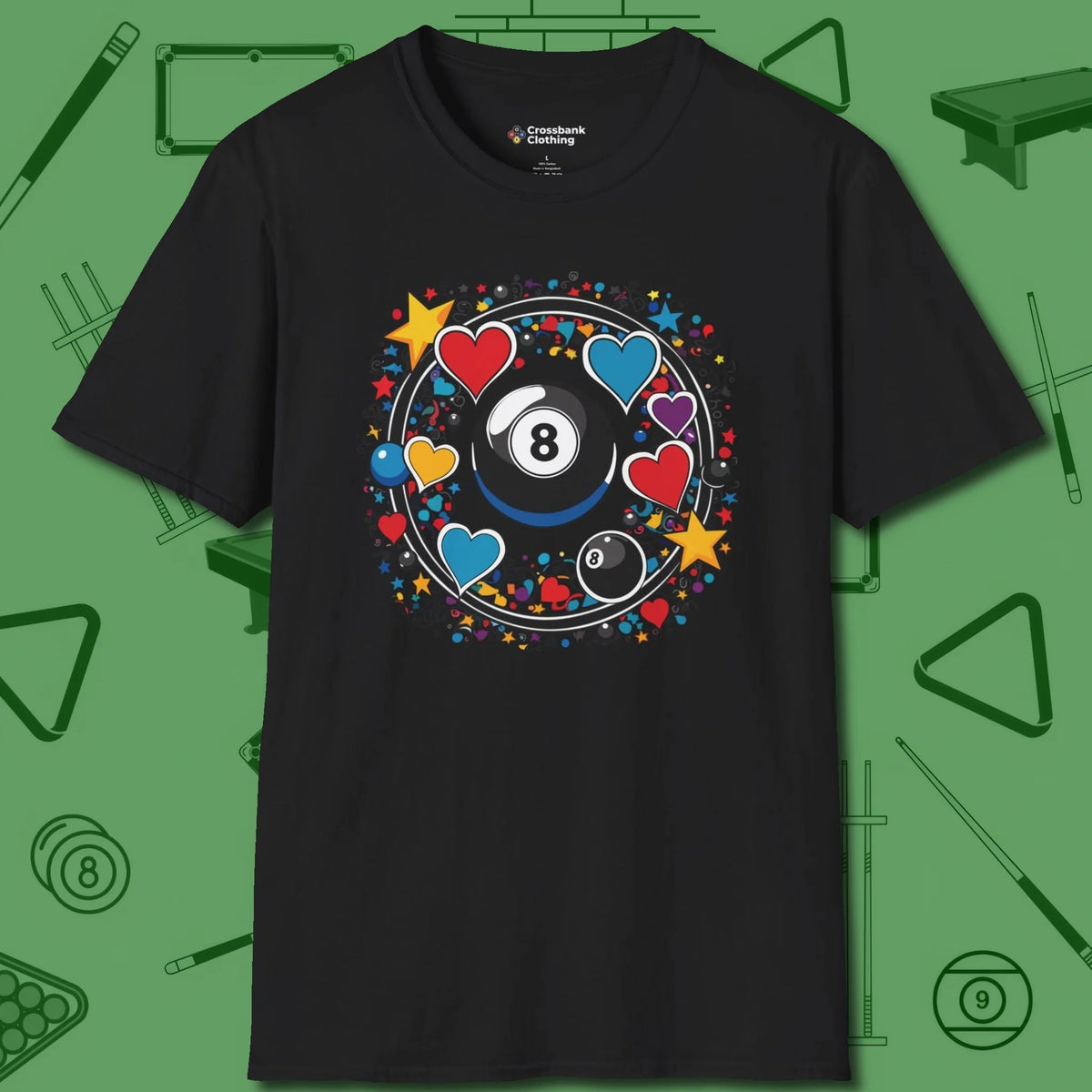 8 Ball Hearts and Stars T-Shirt, front view, in Black cool under pressure, hot on the eyes