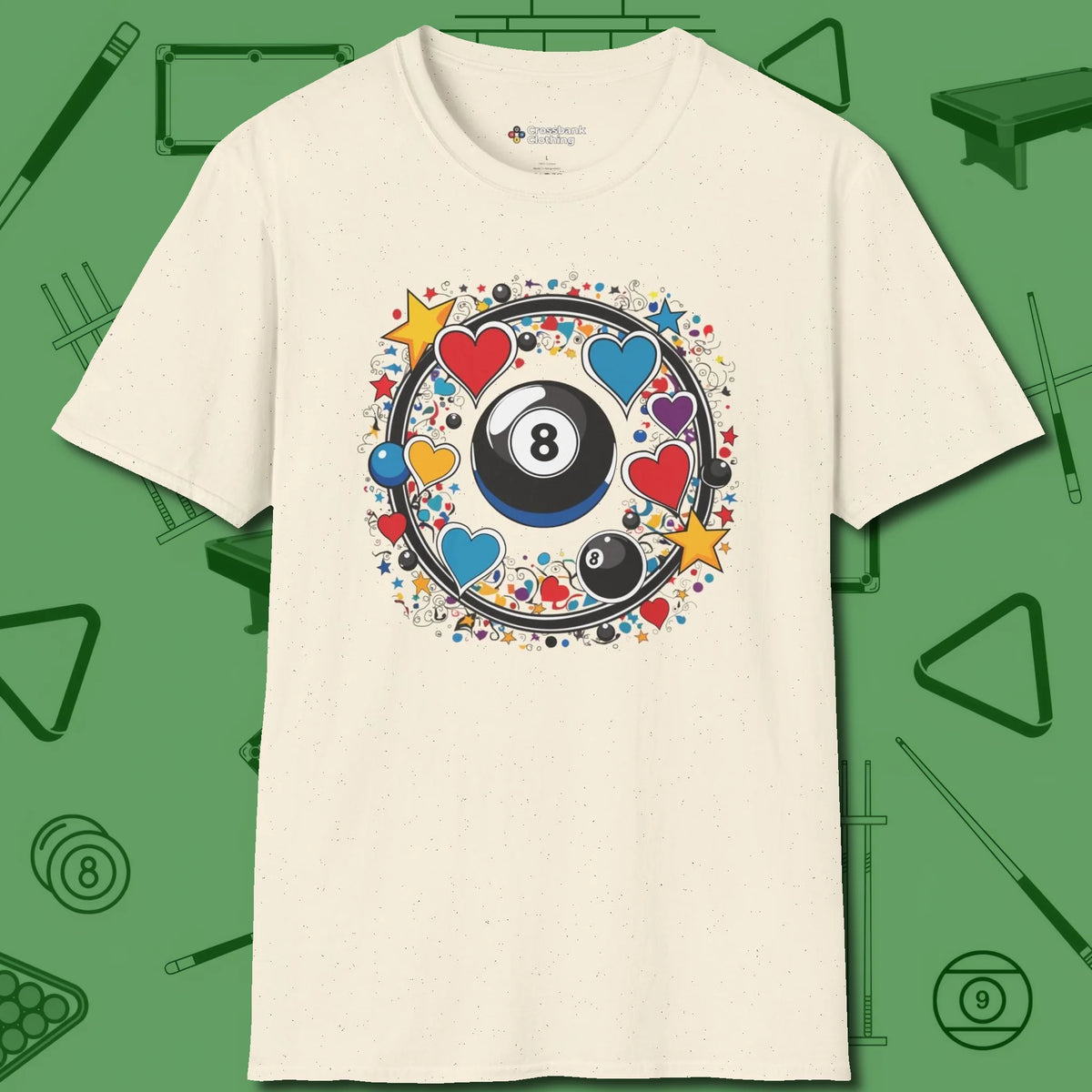 8 Ball Hearts and Stars T-Shirt, front view, in Natural what champions wear between racks