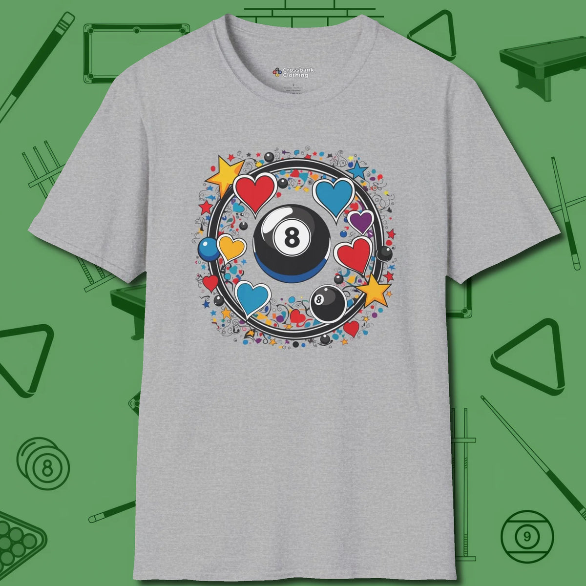 8 Ball Hearts and Stars T-Shirt, front view, in Sport Grey designed for dead stroke and deadpan looks
