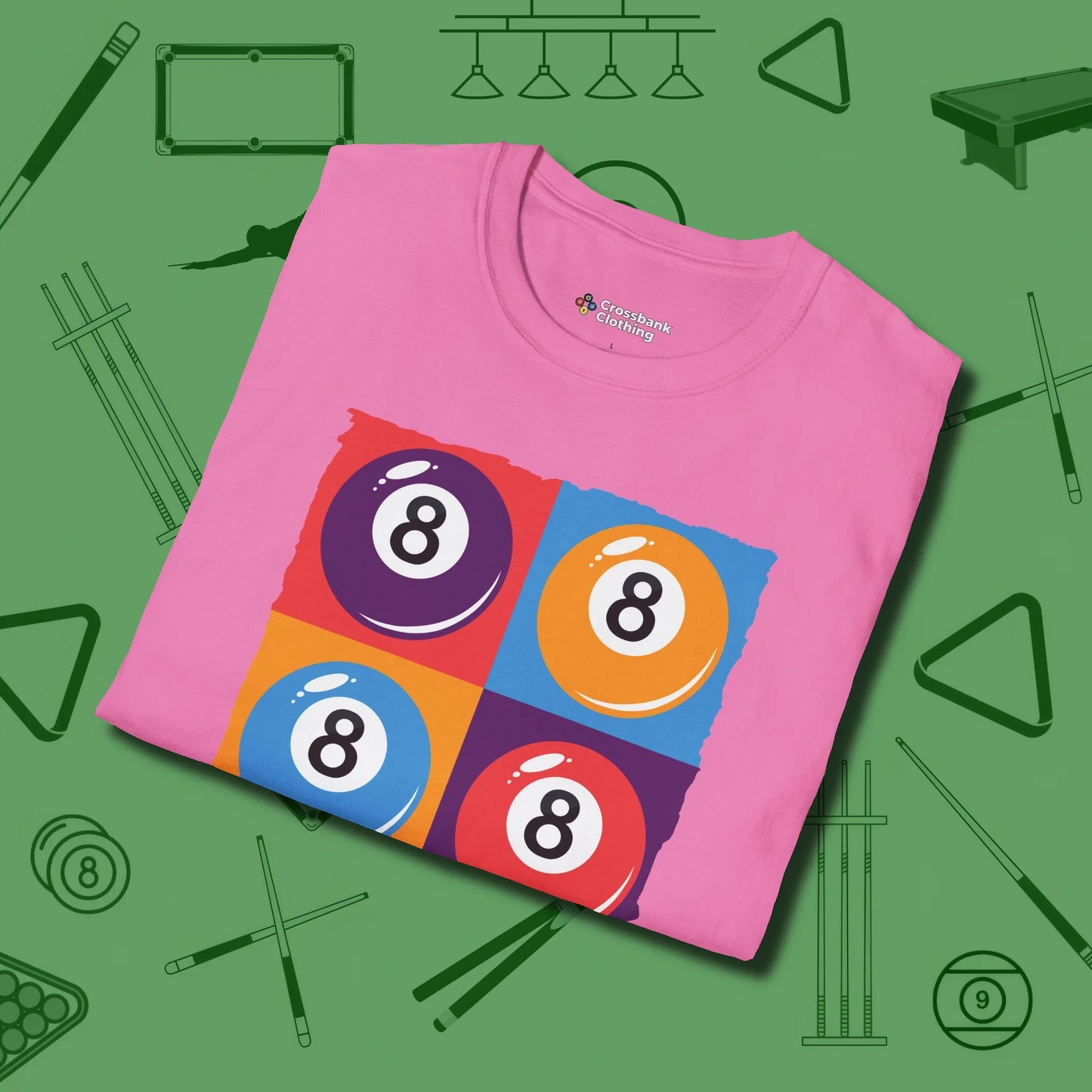8 Ball Panels Art T-Shirt, folded view, in Azalea where style and cue discipline collide