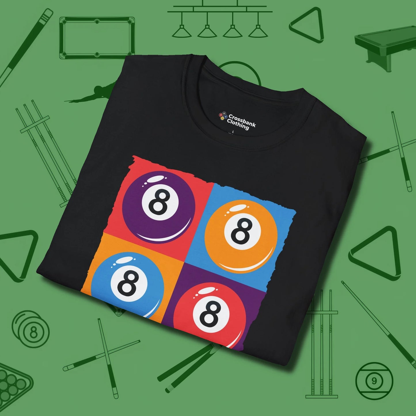 8 Ball Panels Art T-Shirt, folded view, in Black perfect for players with quiet fire