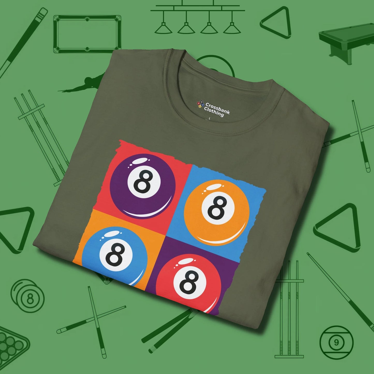 8 Ball Panels Art T-Shirt, folded view, in Military Green cue sports swagger done right