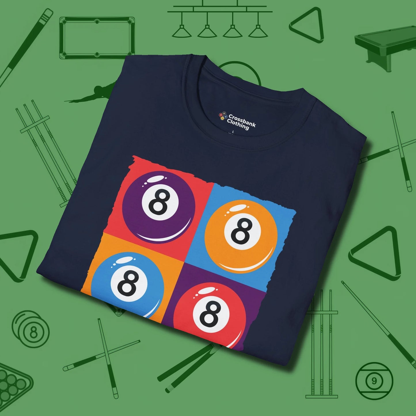 8 Ball Panels Art T-Shirt, folded view, in Navy style that banks as hard as you do