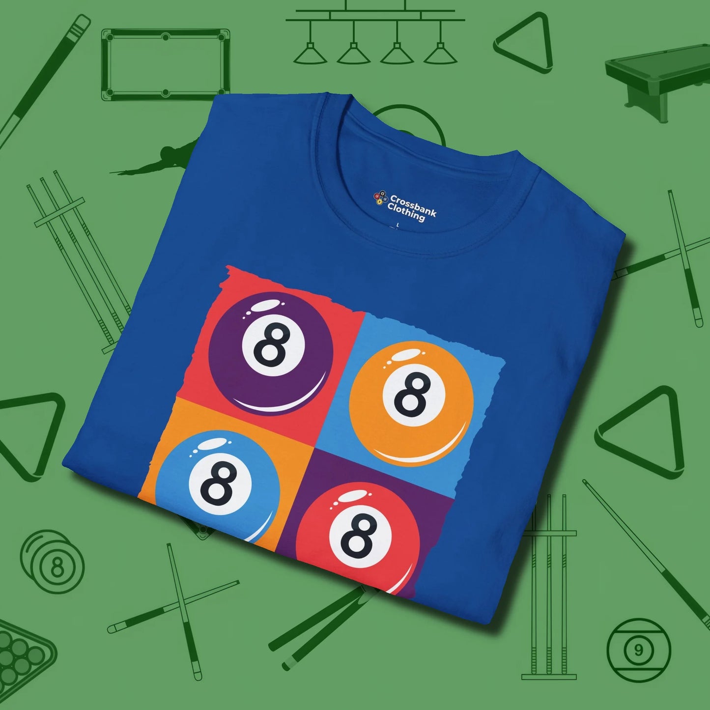 8 Ball Panels Art T-Shirt, folded view, in Royal precise, confident, always in control