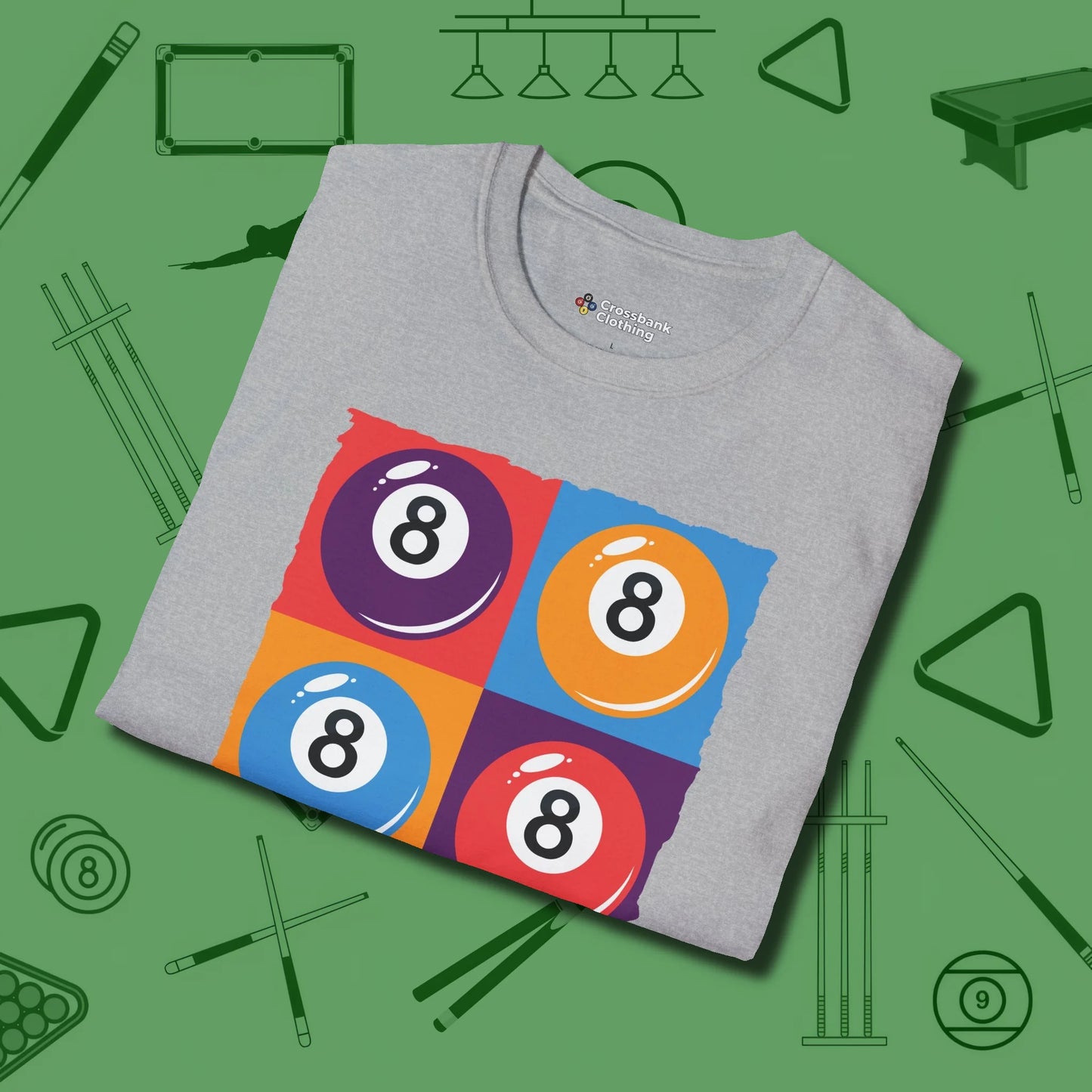 8 Ball Panels Art T-Shirt, folded view, in Sport Grey smart apparel for strategic players