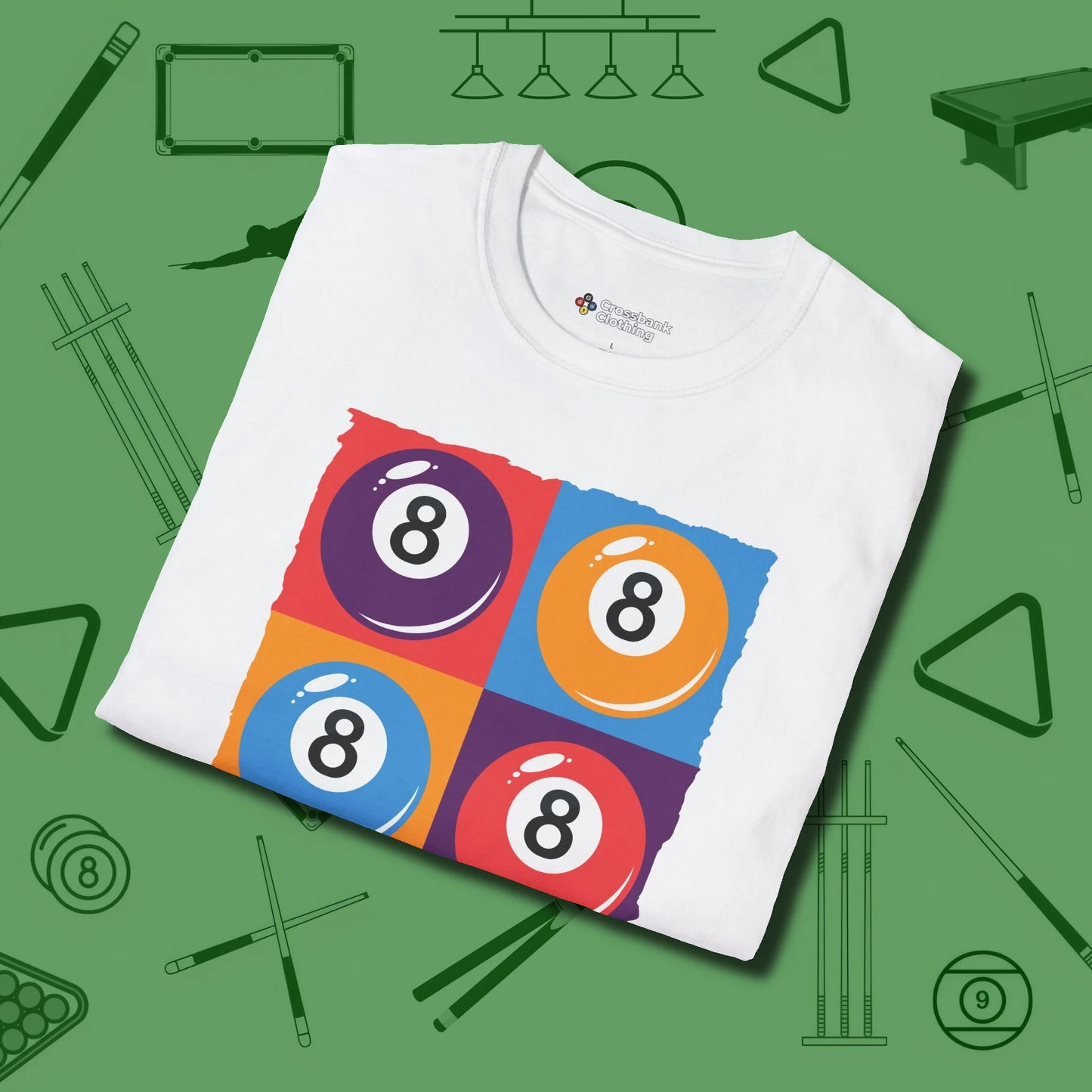 8 Ball Panels Art T-Shirt, folded view, in White clean lines for dirty minds
