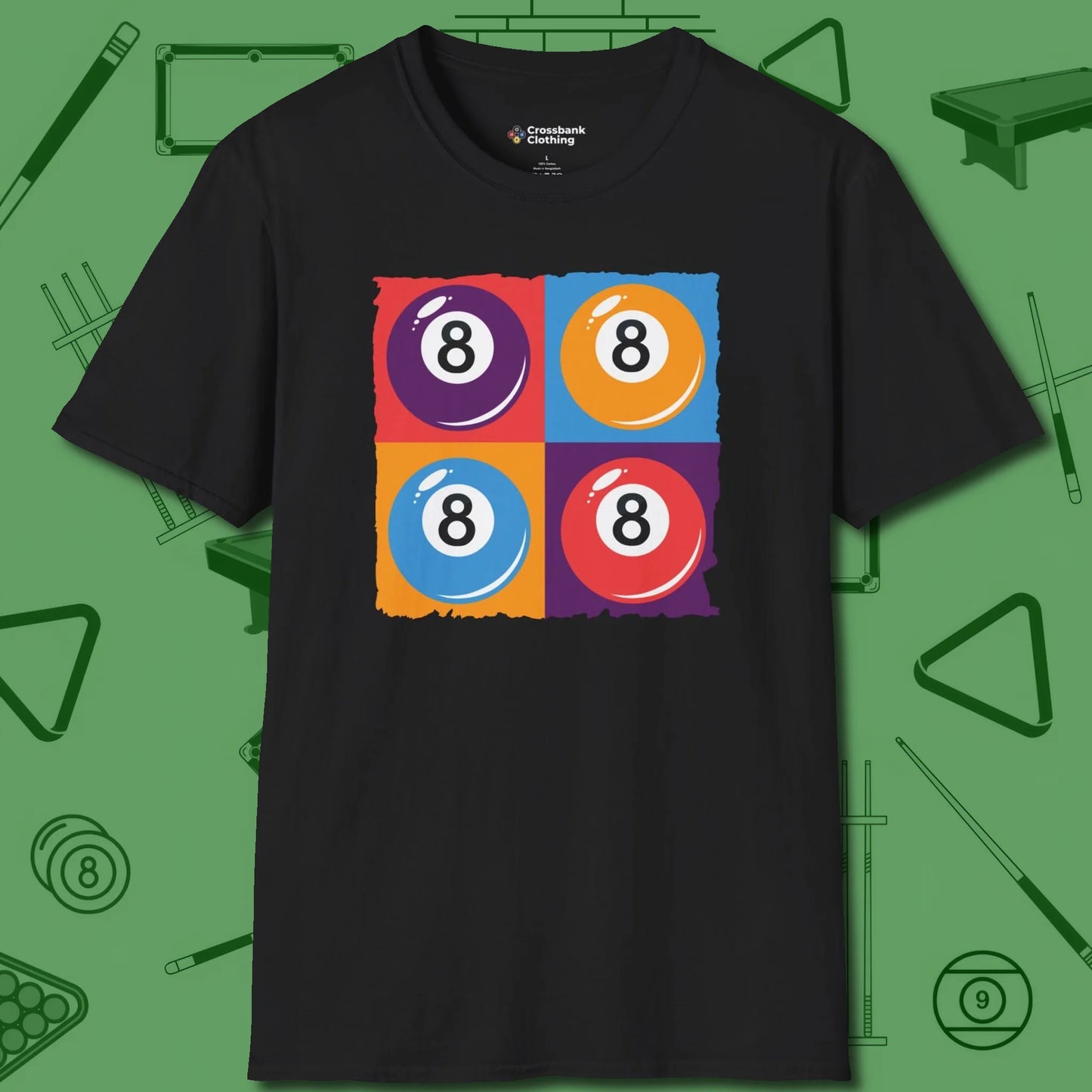 8 Ball Panels Art T-Shirt, front view, in Black cue sports swagger done right
