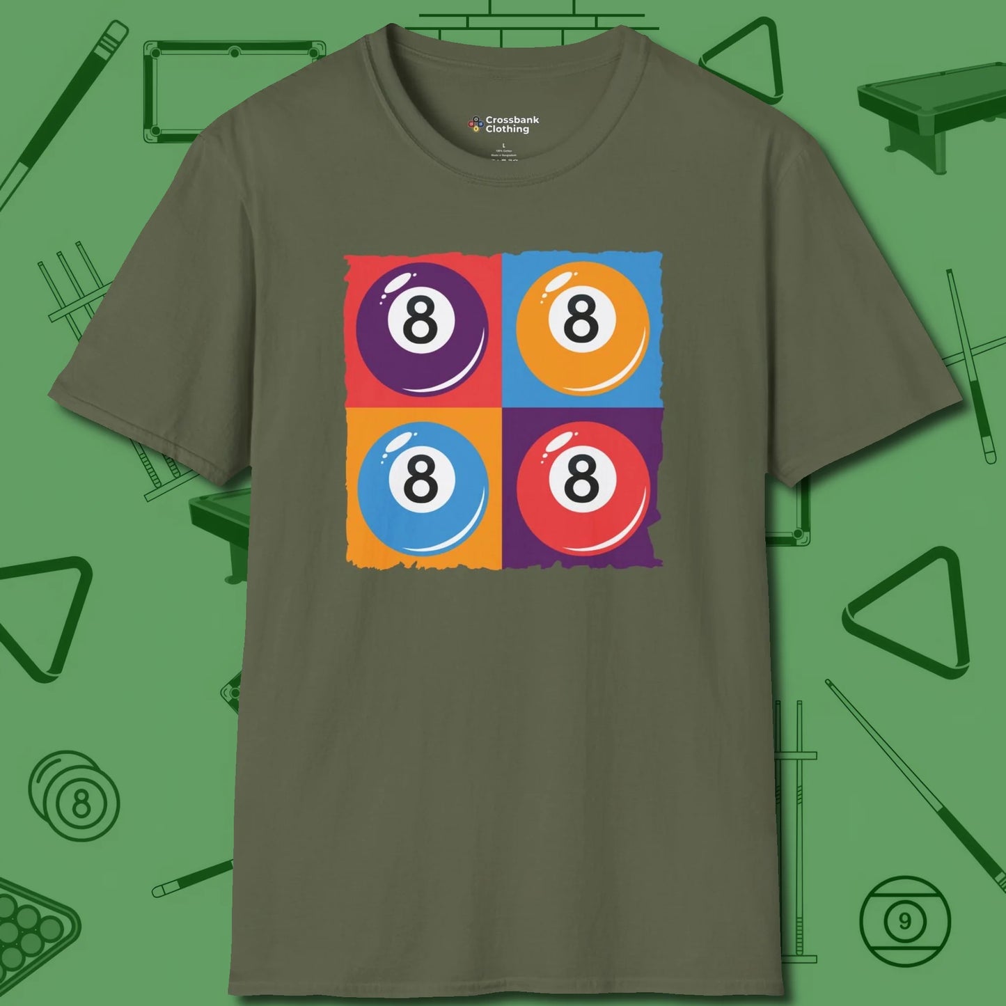 8 Ball Panels Art T-Shirt, front view, in Military Green smart apparel for strategic players