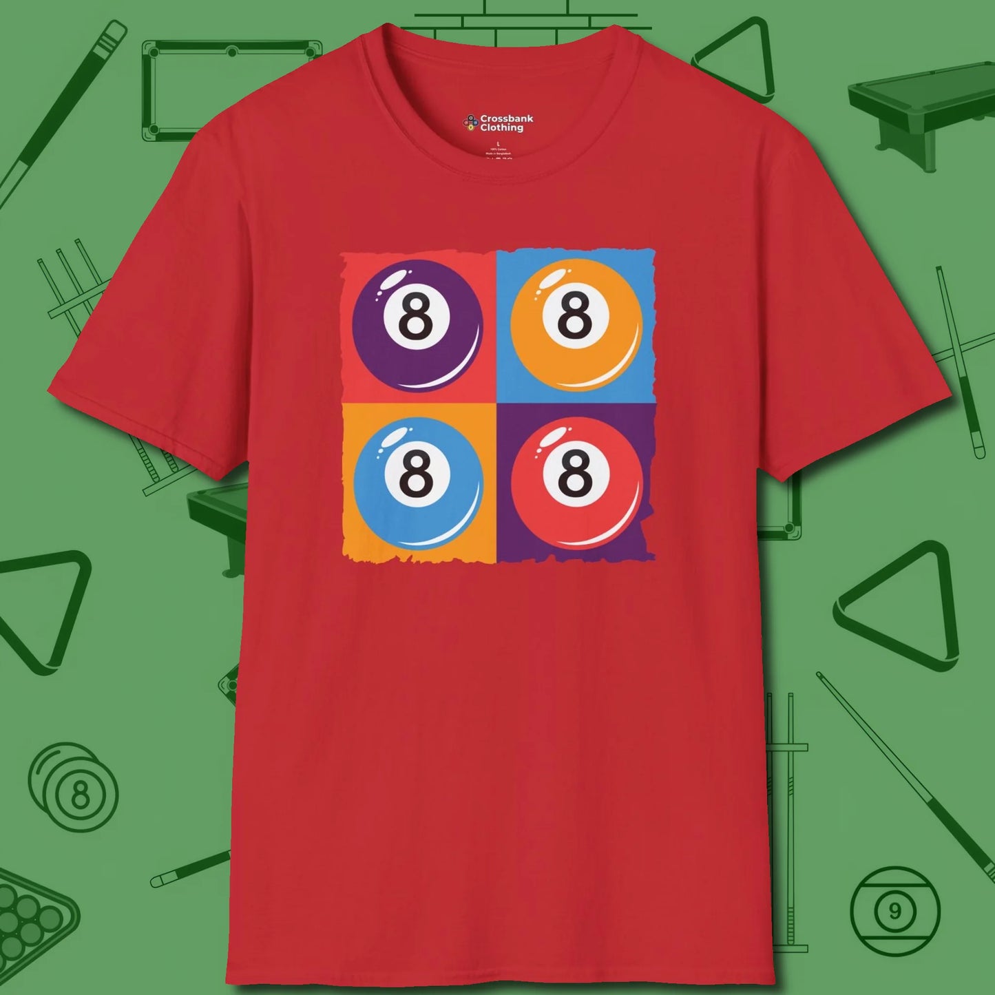8 Ball Panels Art T-Shirt, front view, in Red tough like your favorite break cue