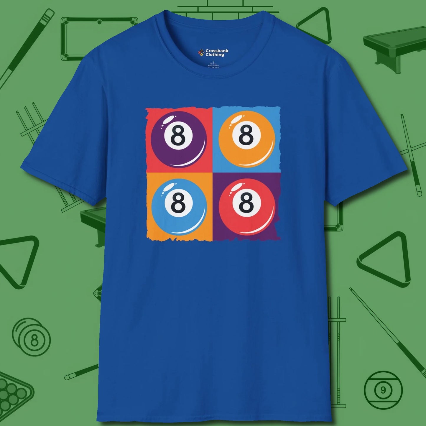 8 Ball Panels Art T-Shirt, front view, in Royal dress for the shot you want to take