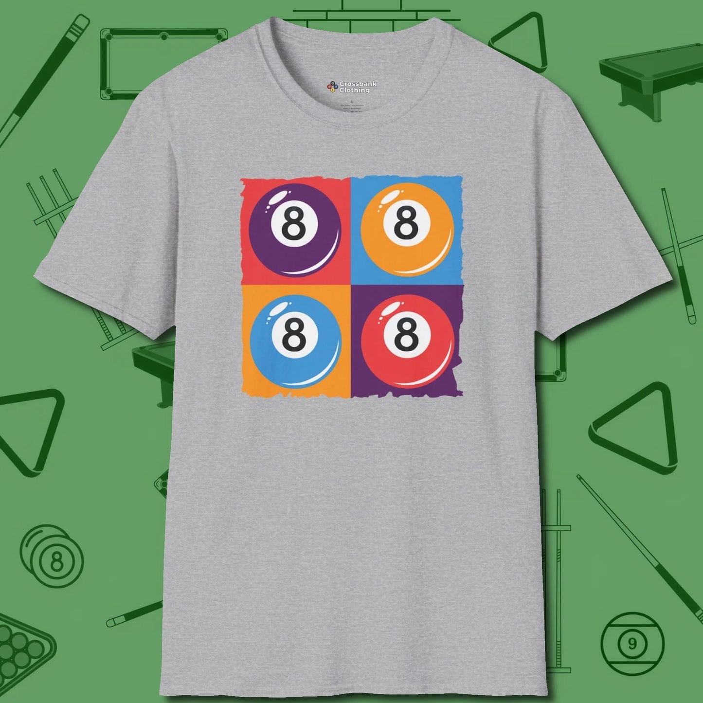 8 Ball Panels Art T-Shirt, front view, in Sport Grey fashion with break-and-run energy
