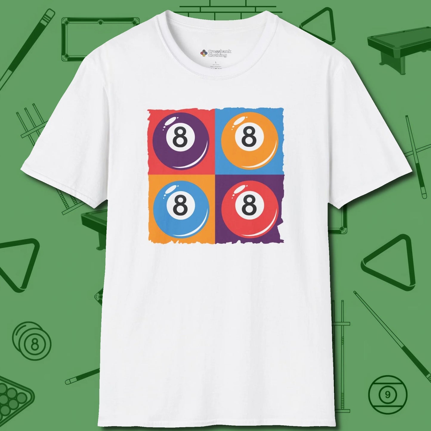 8 Ball Panels Art T-Shirt, front view, in White like your stroke — smooth and deliberate