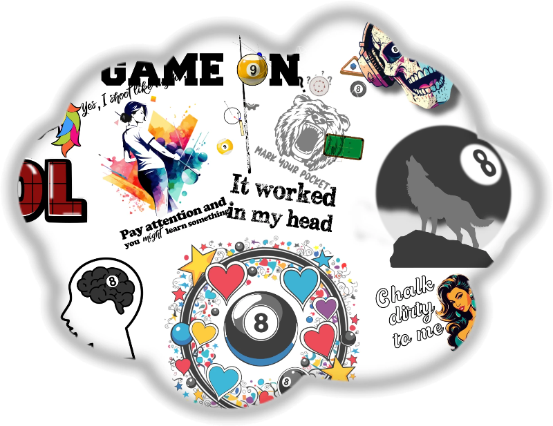 Decorative plate with various designs including billiard balls, text, and graphics.