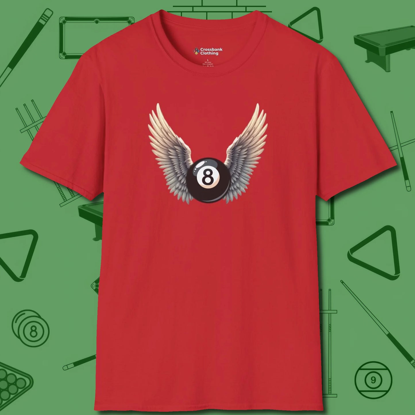 Archangel Eight Ball T-Shirt, front view, in Red because you don’t just play — you represent