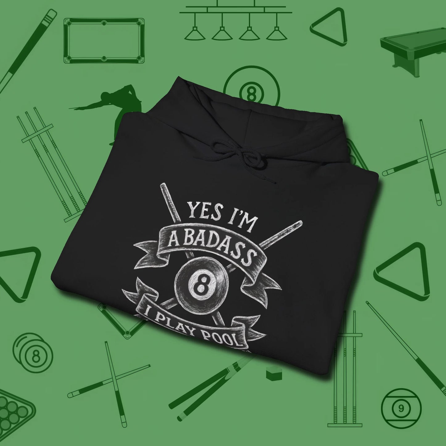 Badass Hoodie, folded view, in Black your go-to shirt for league night victories