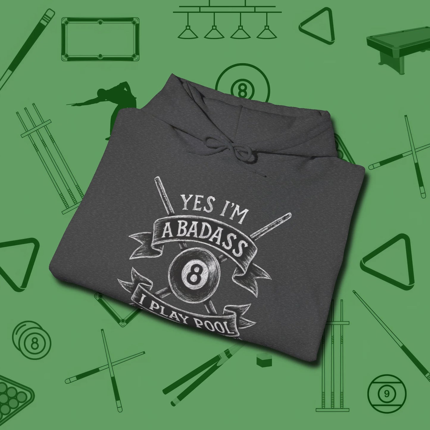 Badass Hoodie, folded view, in Dark Heather for shooters who dress like they play: sharp