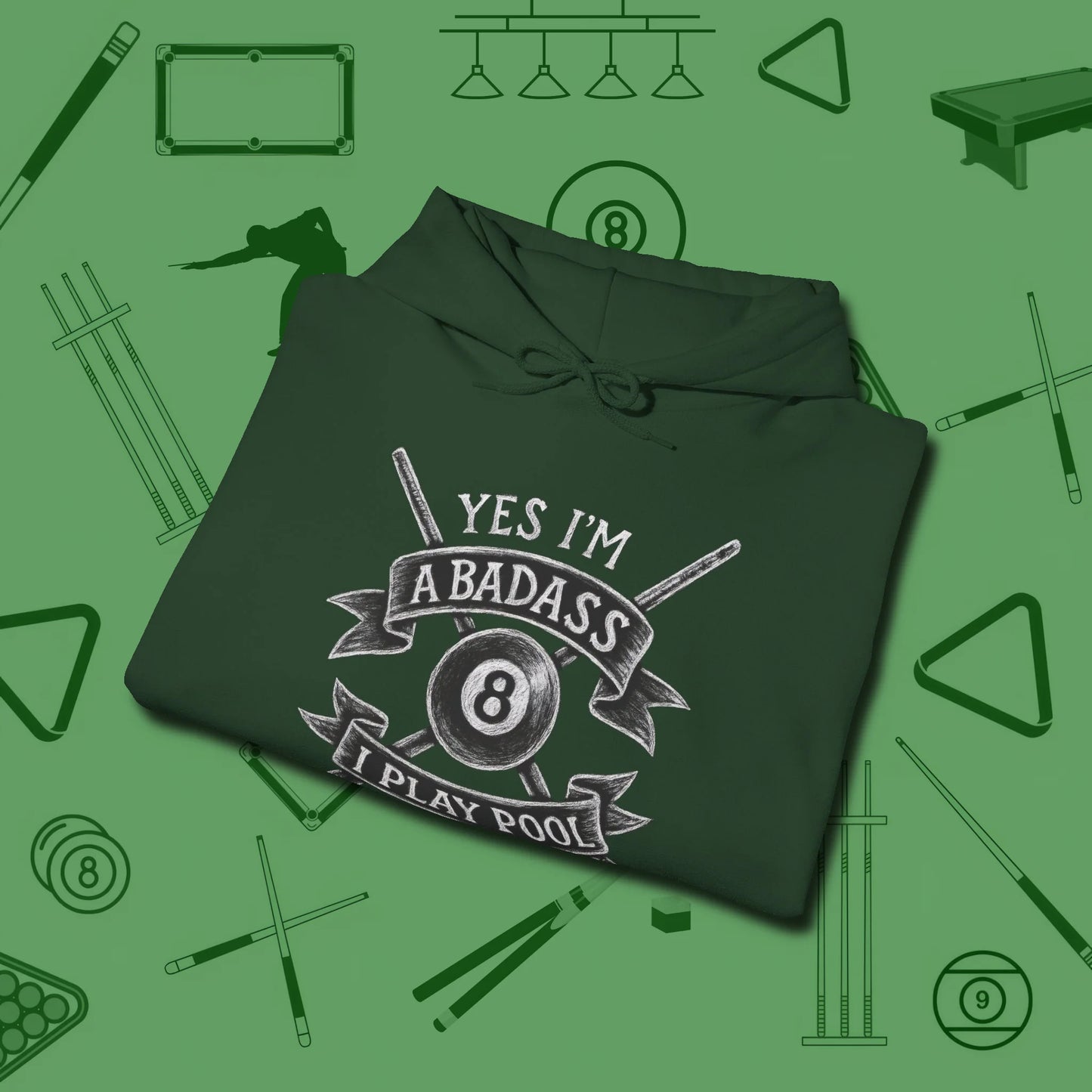 Badass Hoodie, folded view, in Forest Green break, run out, turn heads — repeat
