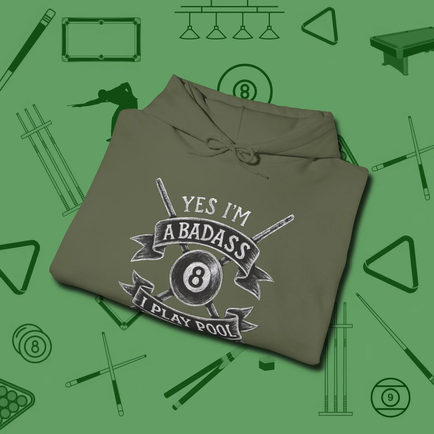 Badass Hoodie, folded view, in Military Green where style and cue discipline collide