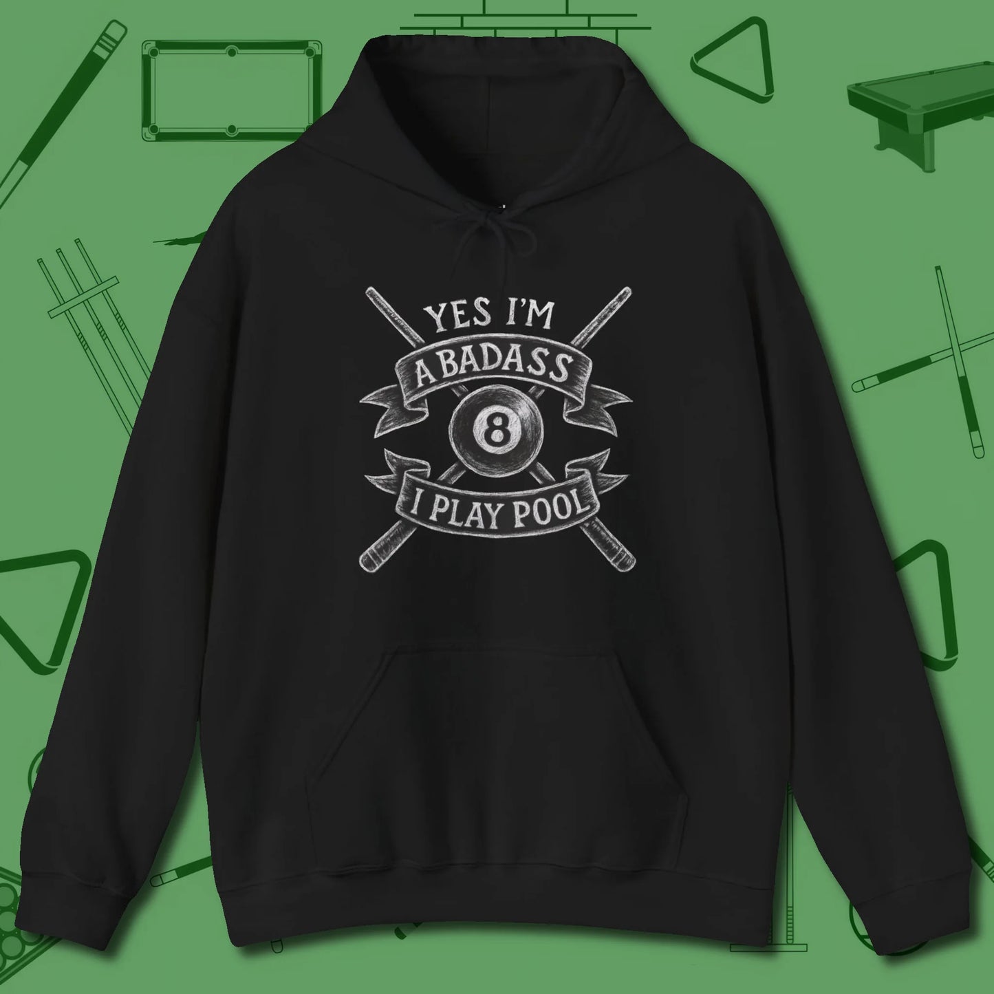Badass Hoodie, front view, in Black subtle drip for serious shooters