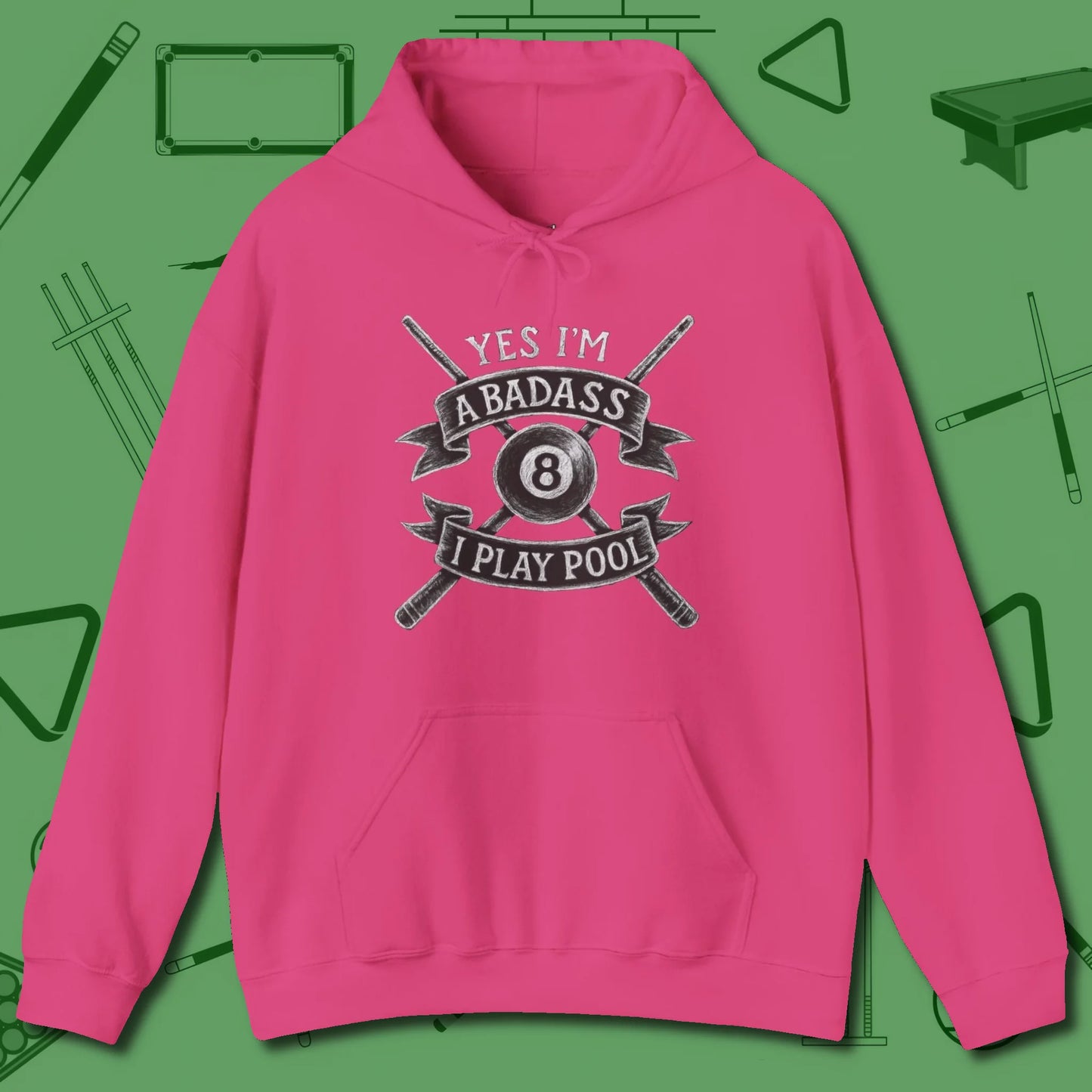 Badass Hoodie, front view, in Heliconia the official uniform of the after-hours crew
