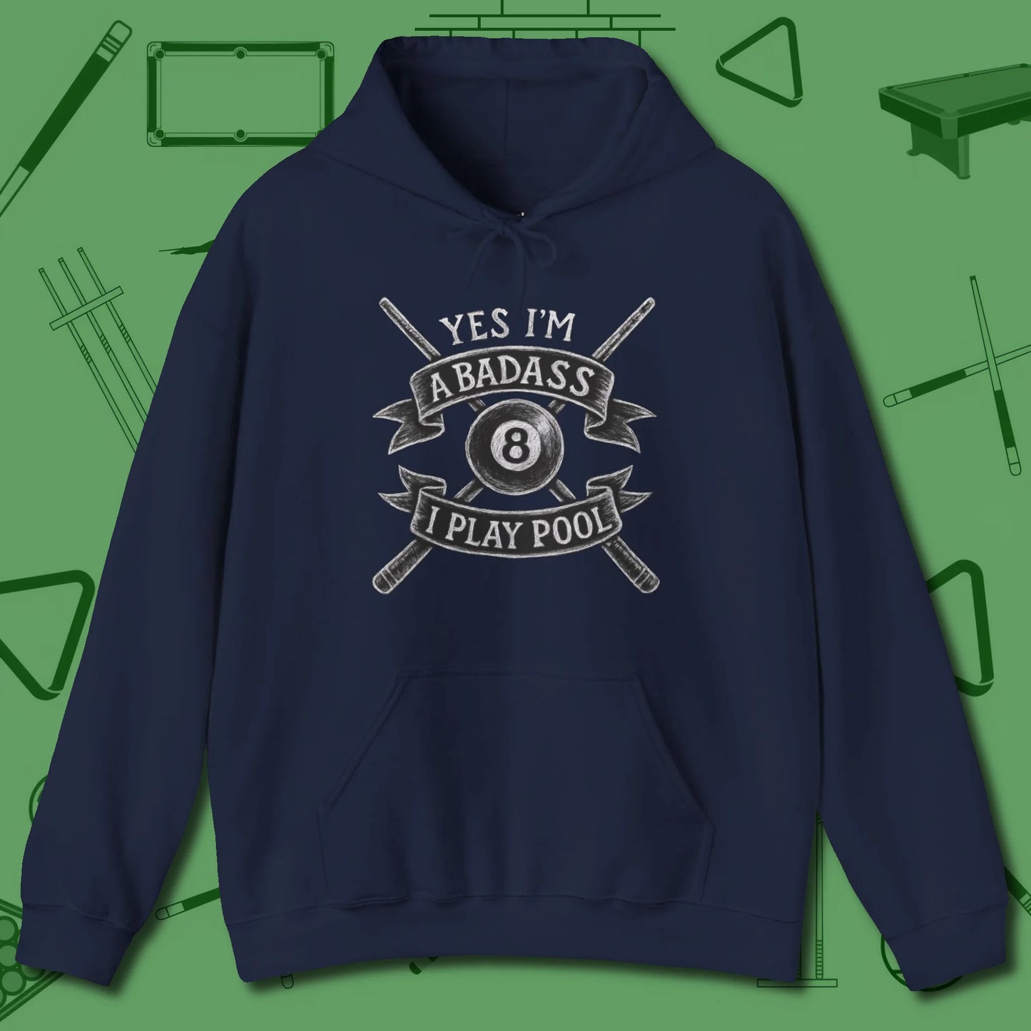 Badass Hoodie, front view, in Navy poolroom style with tournament attitude