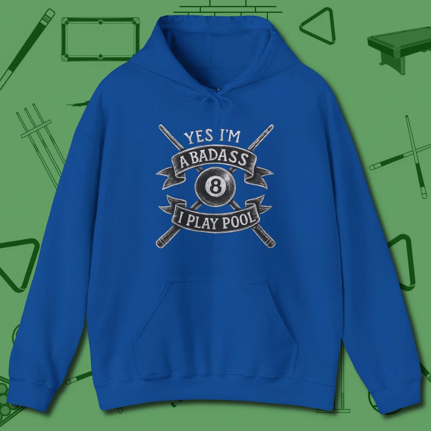 Badass Hoodie, front view, in Royal your secret weapon off the table