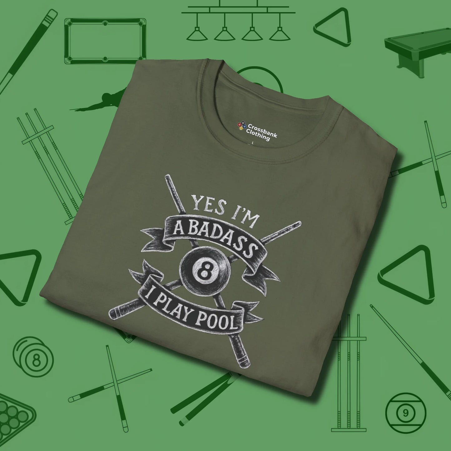 Badass T-Shirt, folded view, in Military Green styled to dominate from rack to run-out