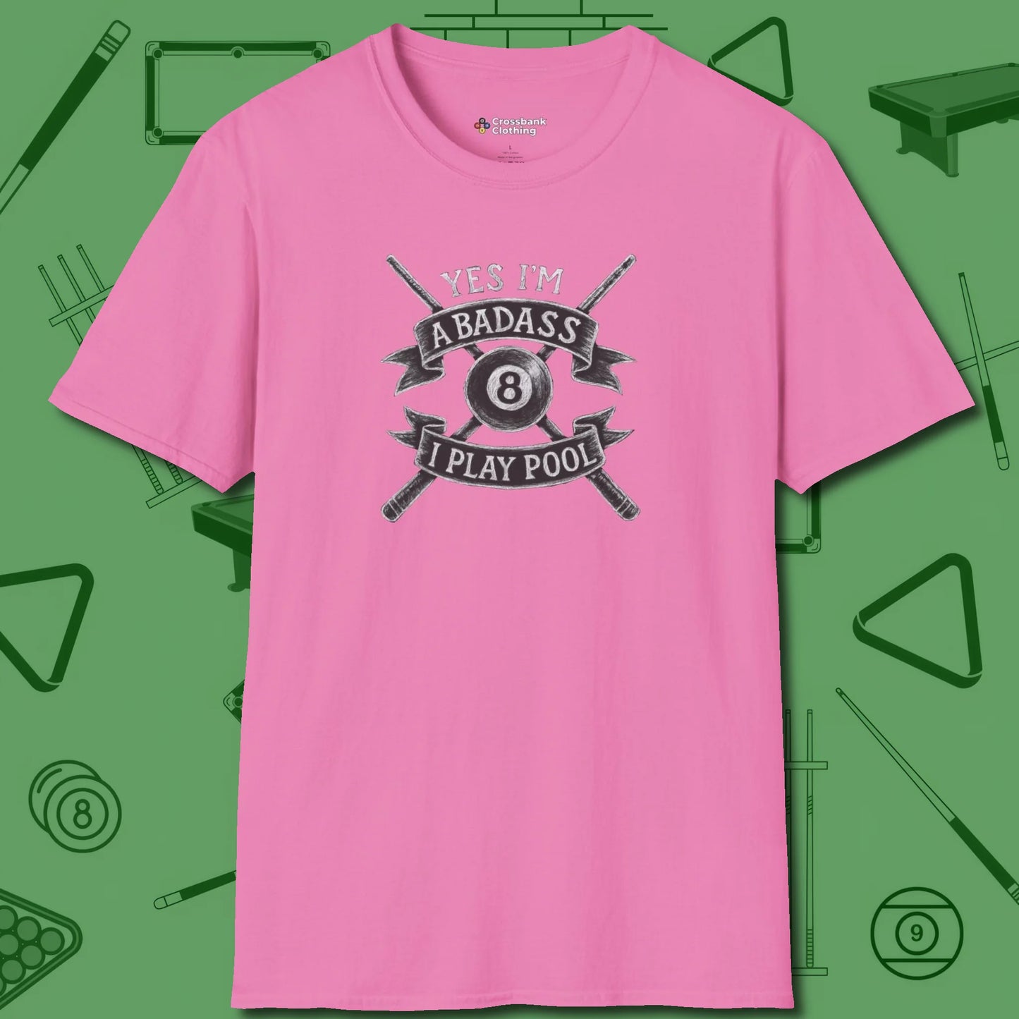 Badass T-Shirt, front view, in Azalea like your stroke — smooth and deliberate